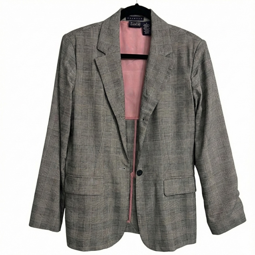 Vtg Hillard & Hanson Plaid Blazer Jacket Stretch Pink Lining Office Siren 90s